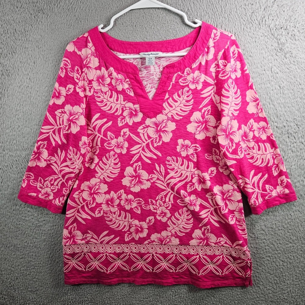 Tommy Bahama Top Blouse Women Small Floral Print Split Neck Stretch Pink